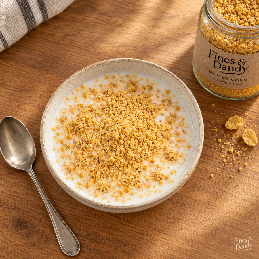 A bowl of milk with a layer of Toasted Corn fines settling into it