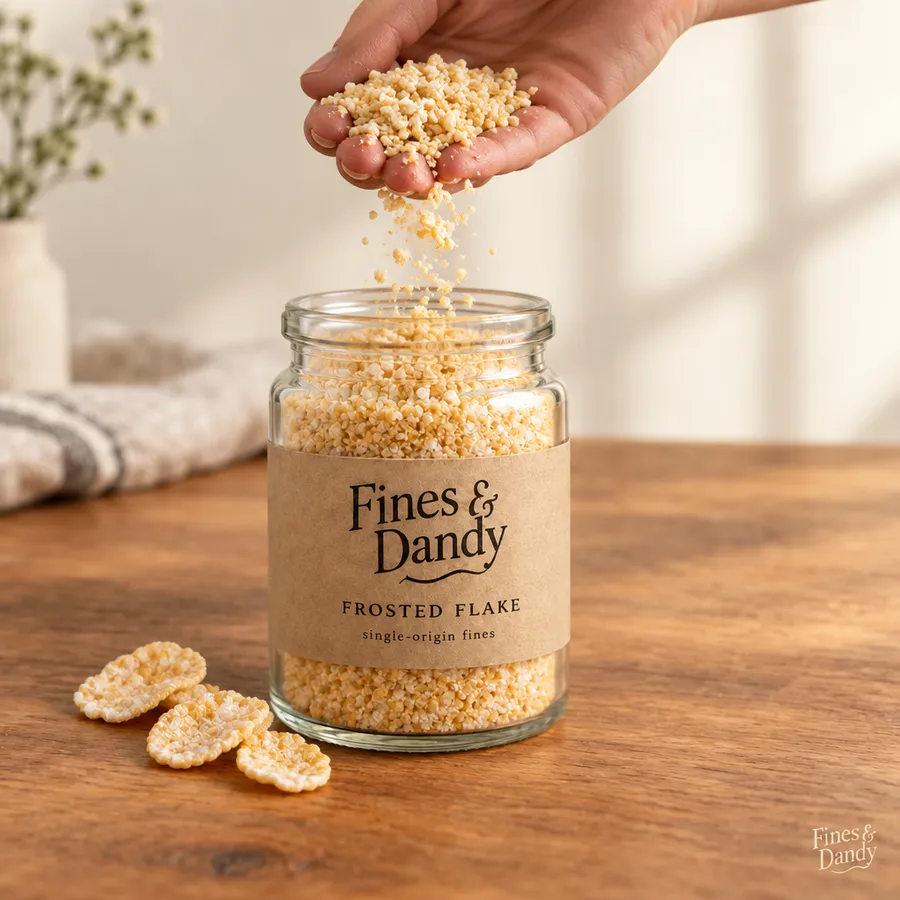 A hand holding a small handful of Frosted Flake fines above the open jar