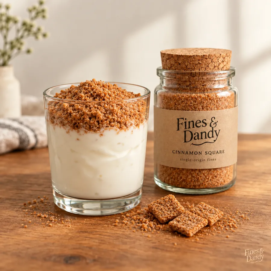 A glass of yogurt topped with a thick layer of Cinnamon Square fines