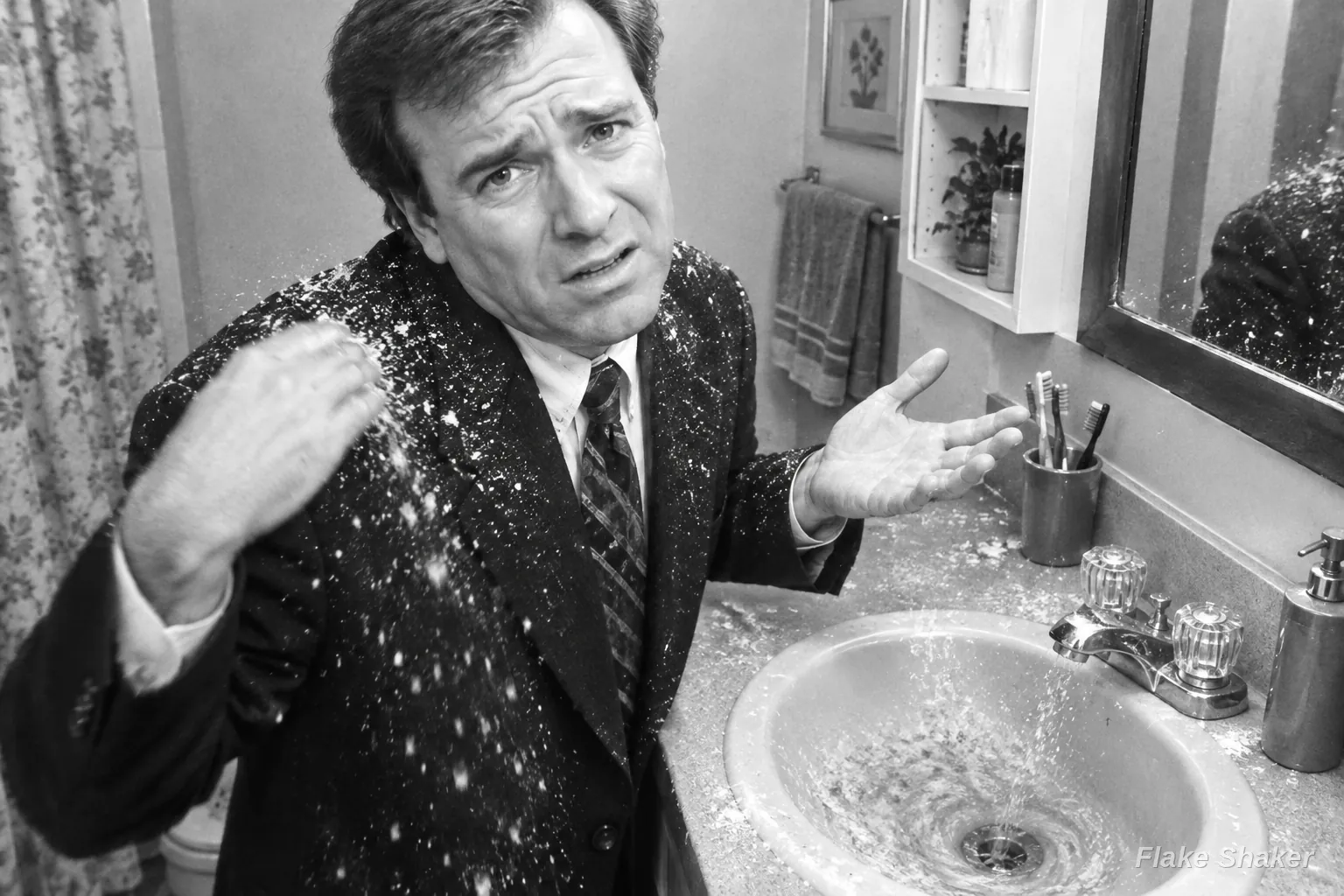 Black and white: a frustrated man brushes dandruff off his suit jacket into a bathroom sink