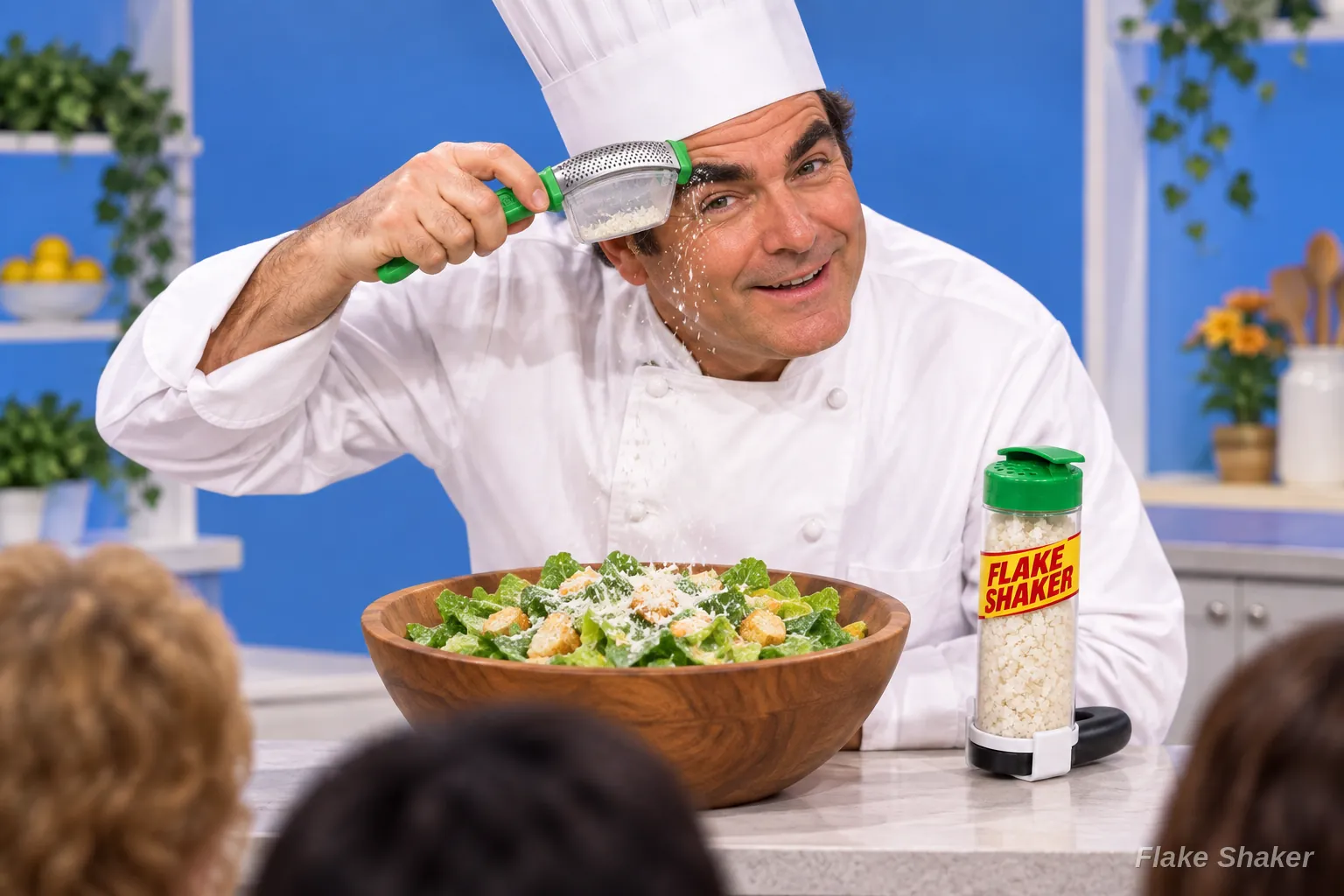 A chef in a white toque grates his own eyebrow over a Caesar salad with the Eyebrow Grater
