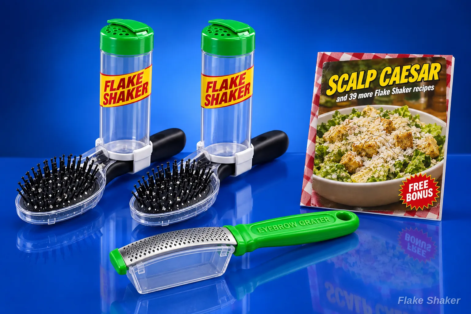 Everything you get: two Flake Shakers, the Eyebrow Grater, and the Scalp Caesar recipe booklet
