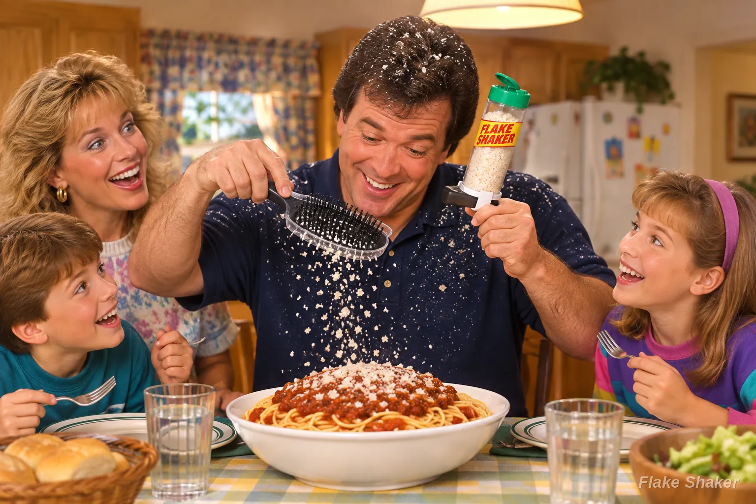 A dad brushes his hair over a bowl of spaghetti while dandruff falls onto the noodles and his family cheers