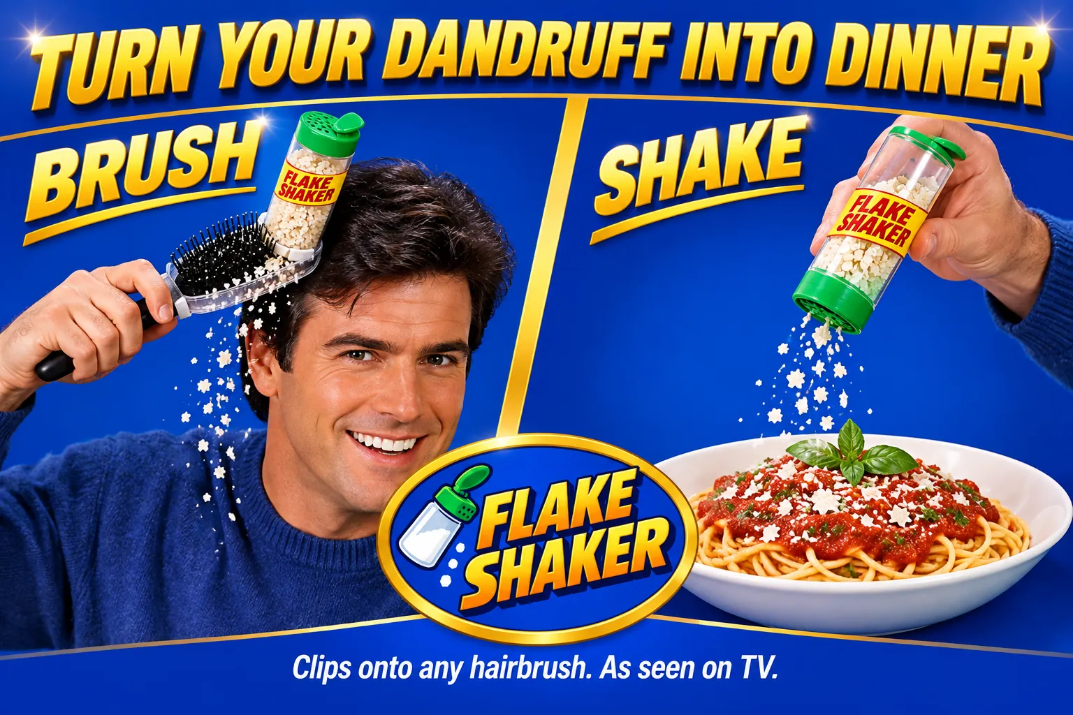 Landscape Flake Shaker poster: Turn your dandruff into dinner, with Brush and Shake split screens