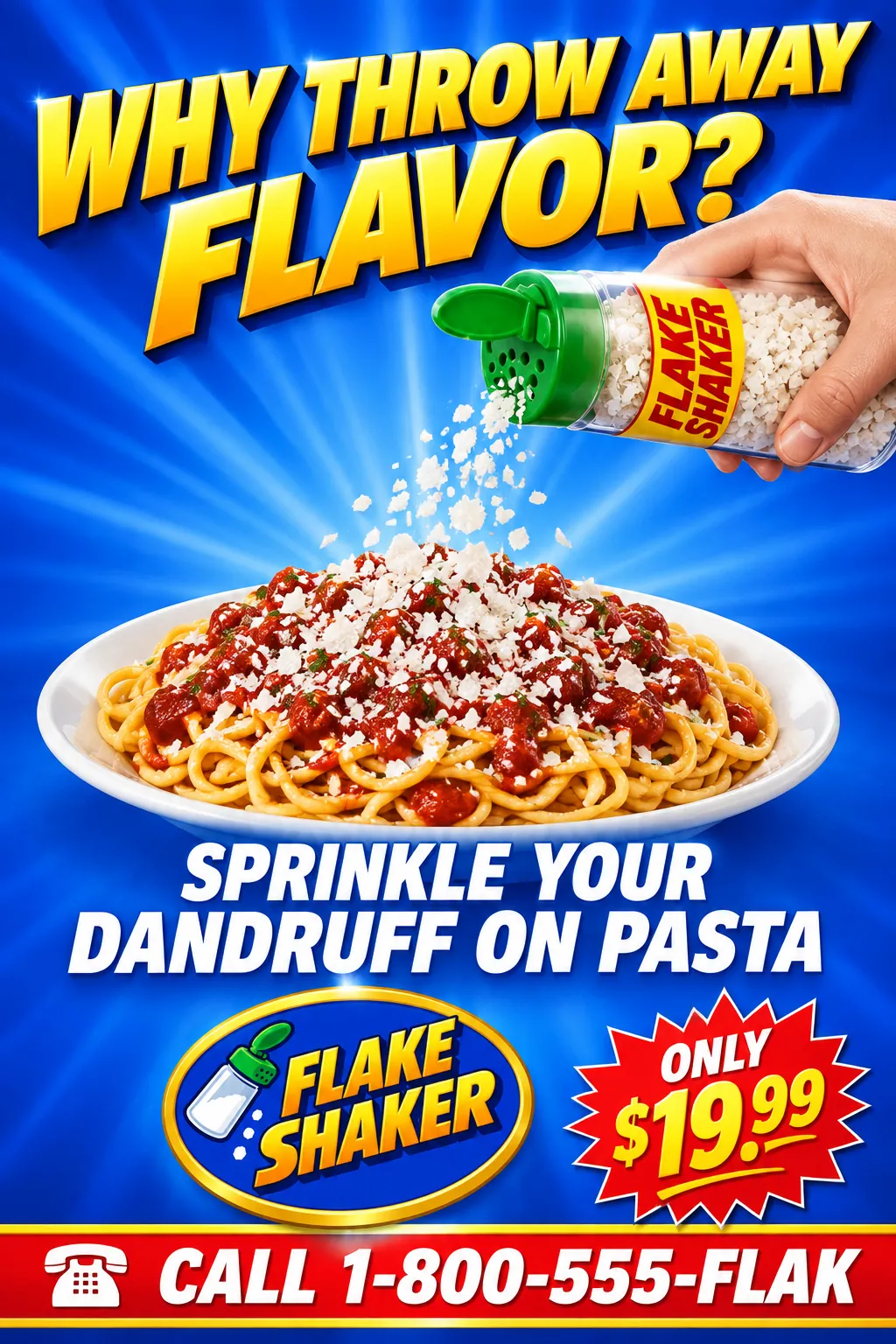 Portrait Flake Shaker poster: Why throw away flavor? Sprinkle your dandruff on pasta. Only $19.99