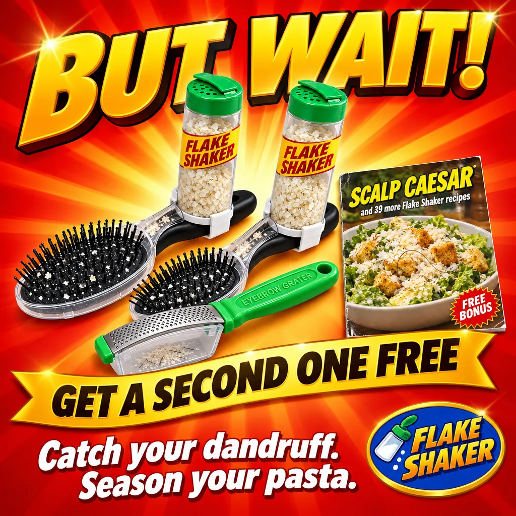 Square Flake Shaker poster: But wait! Get a second one free. Catch your dandruff. Season your pasta.