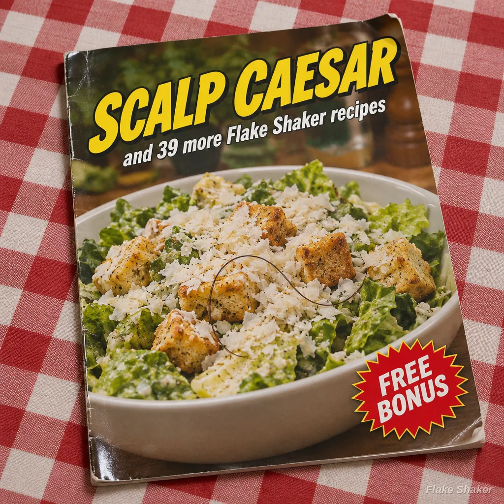The Scalp Caesar recipe booklet, with a Caesar salad topped with flakes and a hair on the cover