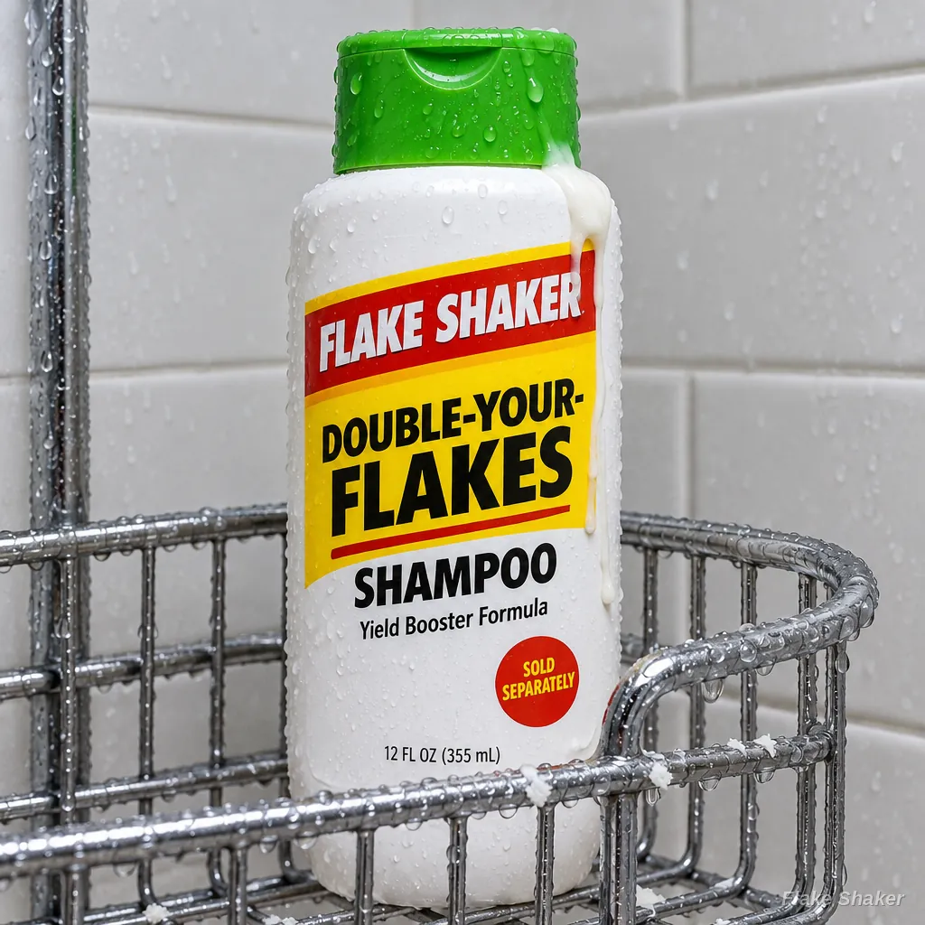 Double-Your-Flakes Shampoo bottle in a shower caddy
