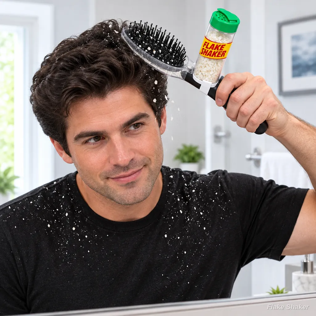 A man brushes his hair at the mirror while dandruff collects in the Flake Shaker canister
