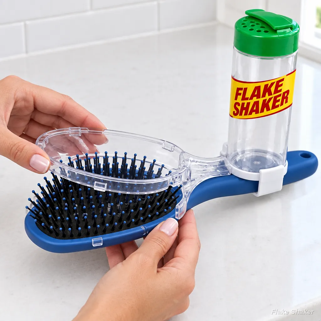 Hands snap the clear Flake Shaker catch tray onto a blue paddle hairbrush
