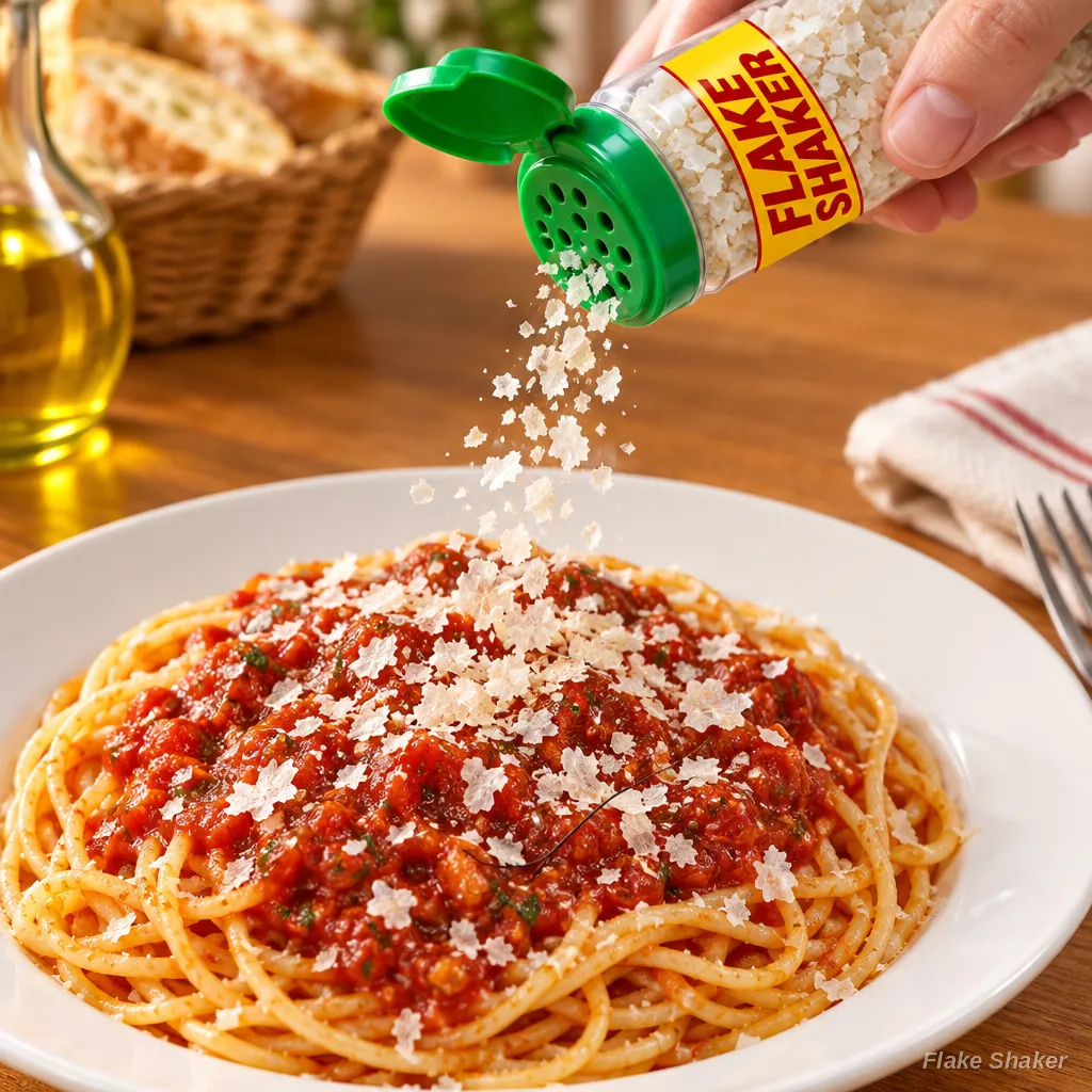 A hand shakes dandruff flakes from the Flake Shaker onto a plate of spaghetti