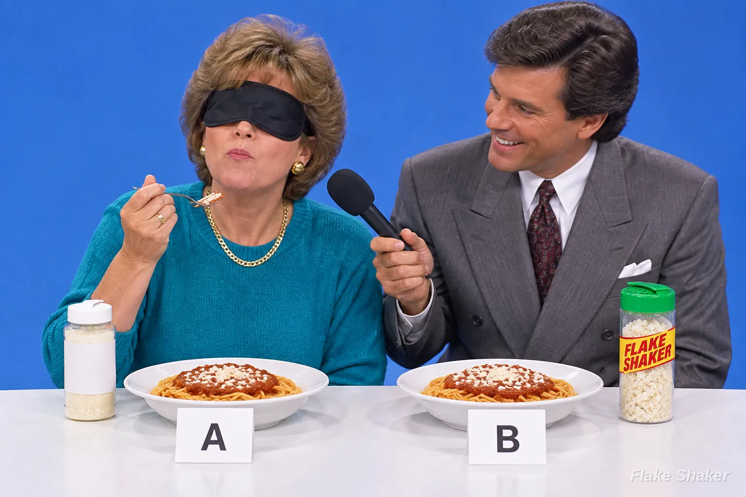 A blindfolded woman tastes spaghetti from bowls labeled A and B while a host holds a microphone