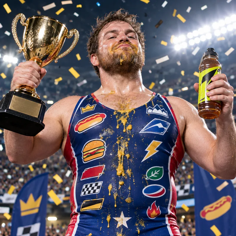 Sponsored competitive eater holding a trophy and a bottle