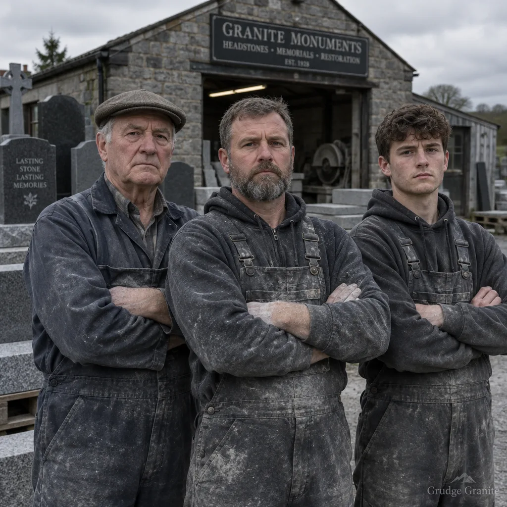 Three generations of stonemasons in front of their workshop