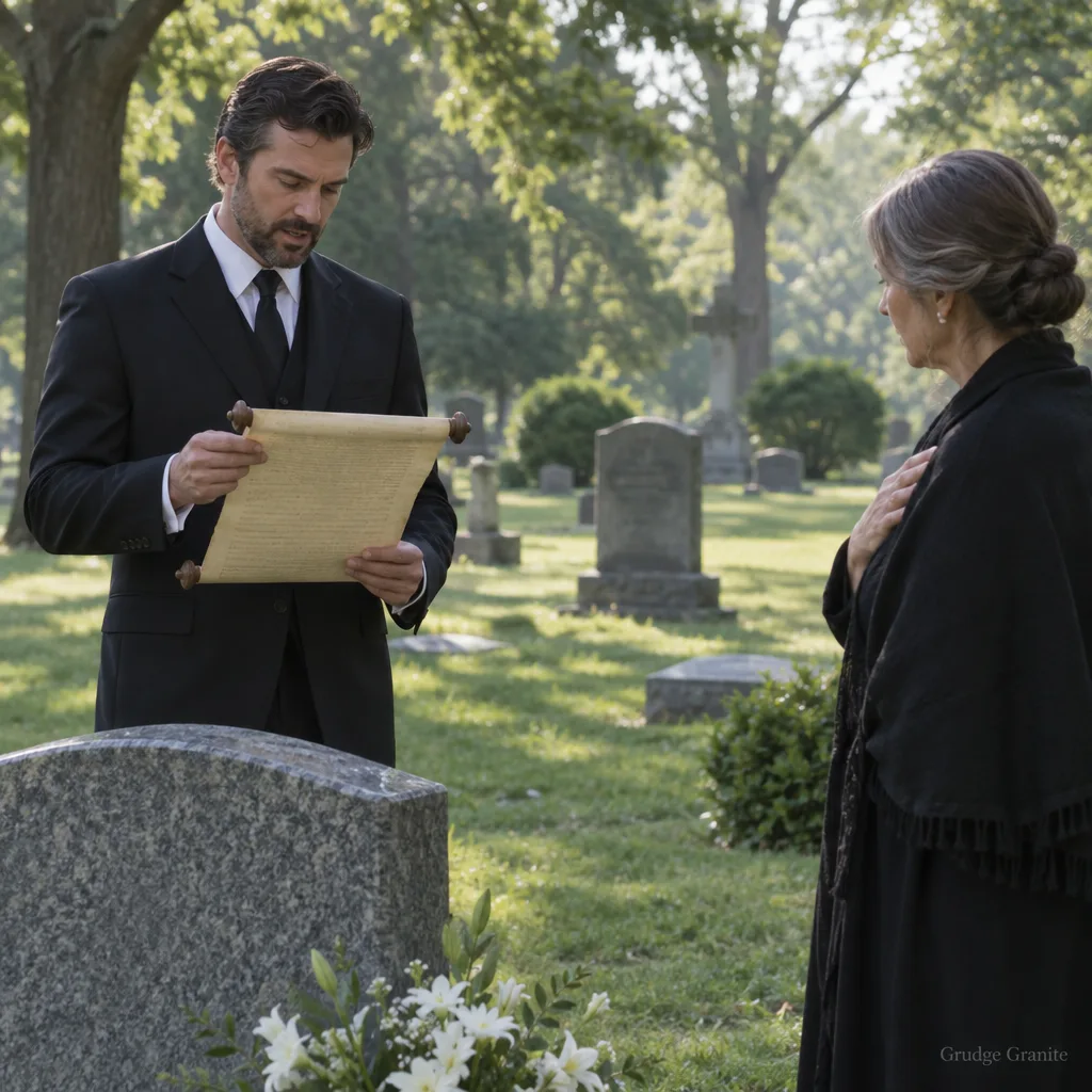 A man in a suit reading from a scroll at a graveside