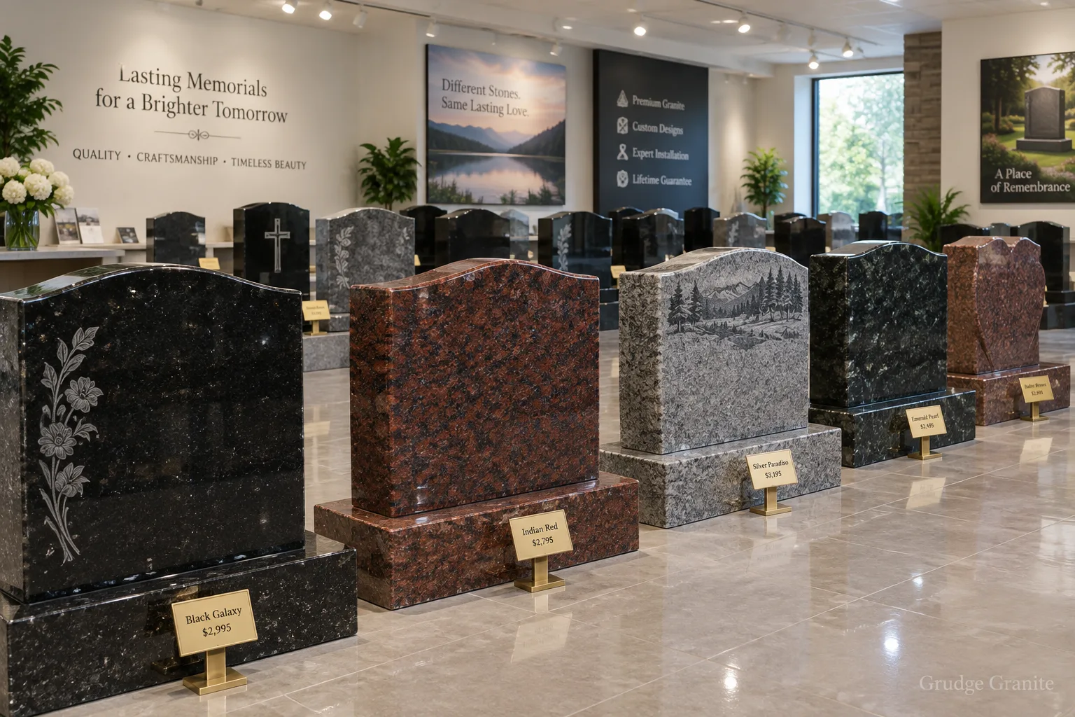 Showroom with rows of polished sample headstones