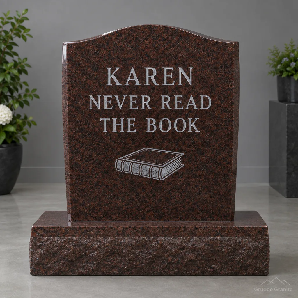 Mahogany granite headstone engraved KAREN NEVER READ THE BOOK with a book ornament