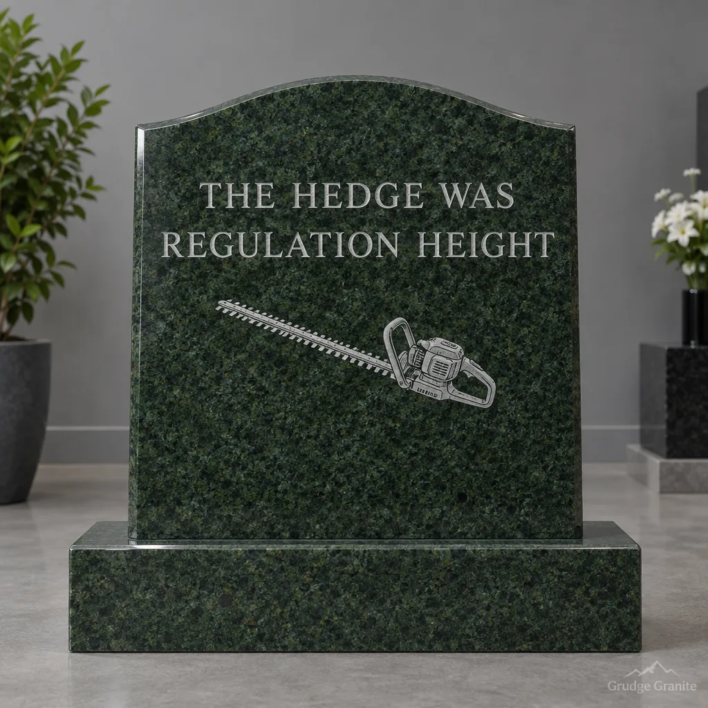 Green granite headstone engraved THE HEDGE WAS REGULATION HEIGHT with a hedge trimmer ornament