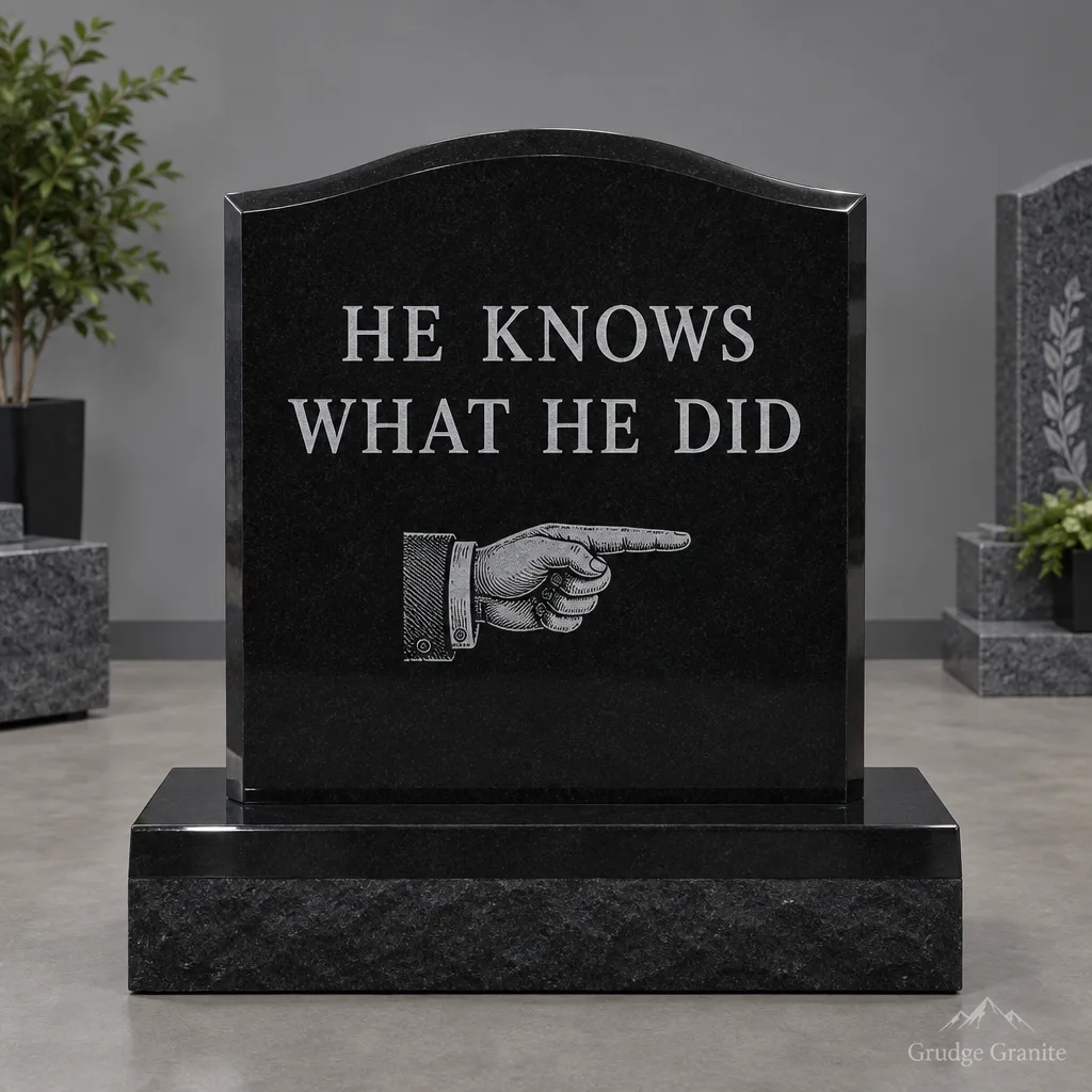Black granite headstone engraved HE KNOWS WHAT HE DID with a pointing hand ornament