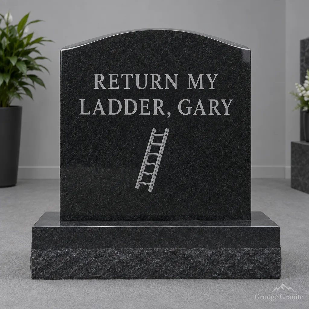 Black granite headstone engraved RETURN MY LADDER, GARY with a ladder ornament