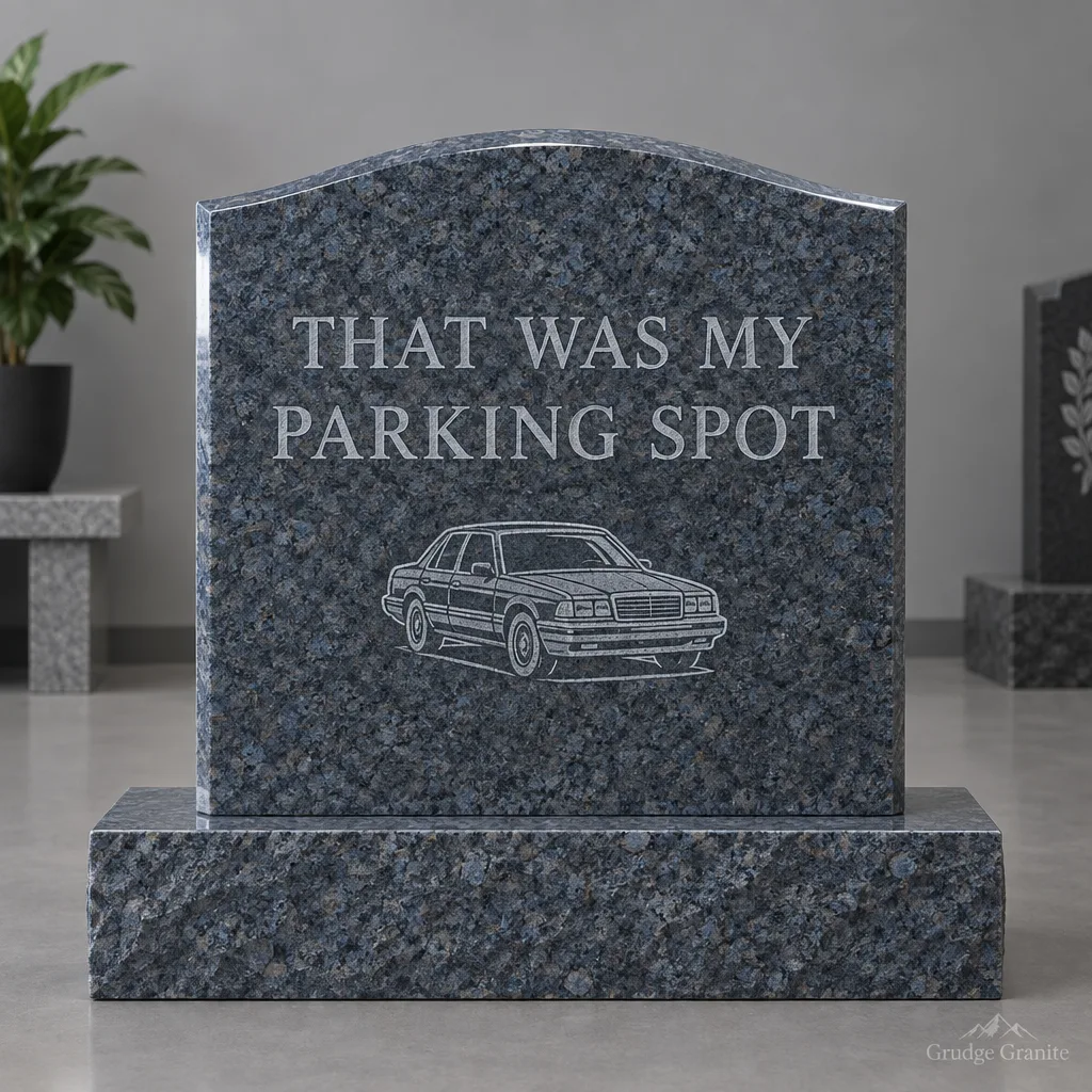 Blue-gray granite headstone engraved THAT WAS MY PARKING SPOT with a sedan ornament