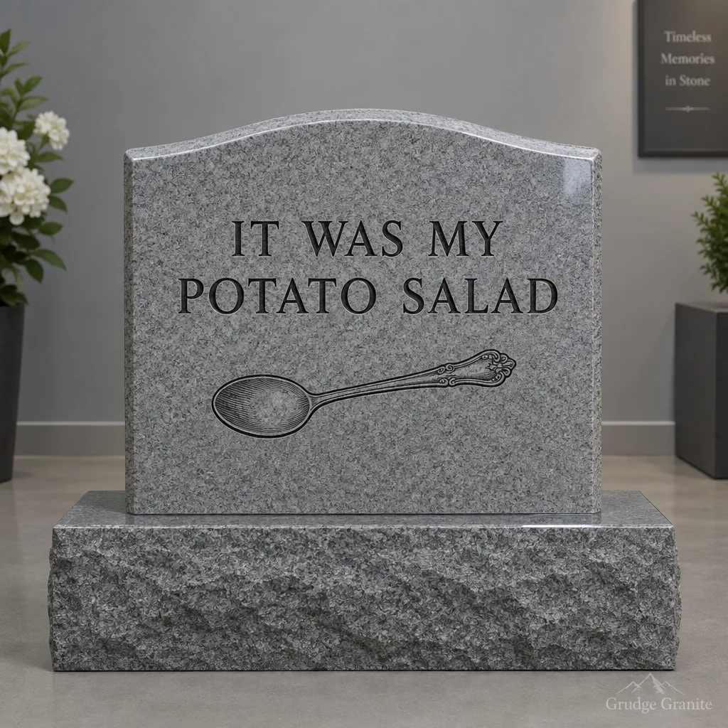 Gray granite headstone engraved IT WAS MY POTATO SALAD with a serving spoon ornament