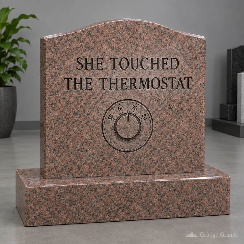 Rose granite headstone engraved SHE TOUCHED THE THERMOSTAT with a thermostat dial ornament