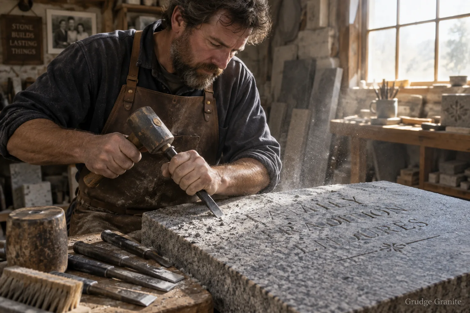 A stonemason carving letters into a granite slab