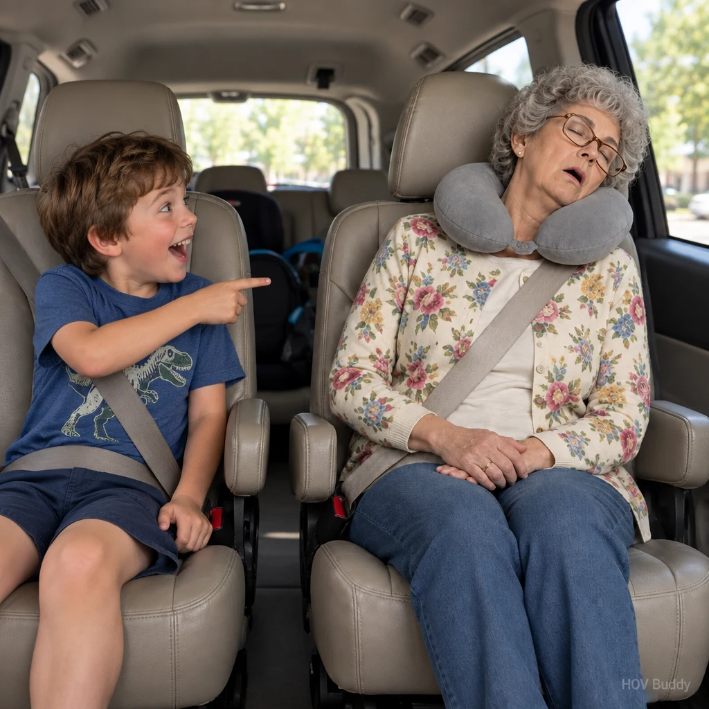 A delighted kid points at Sleeping Aunt Carol asleep in the minivan
