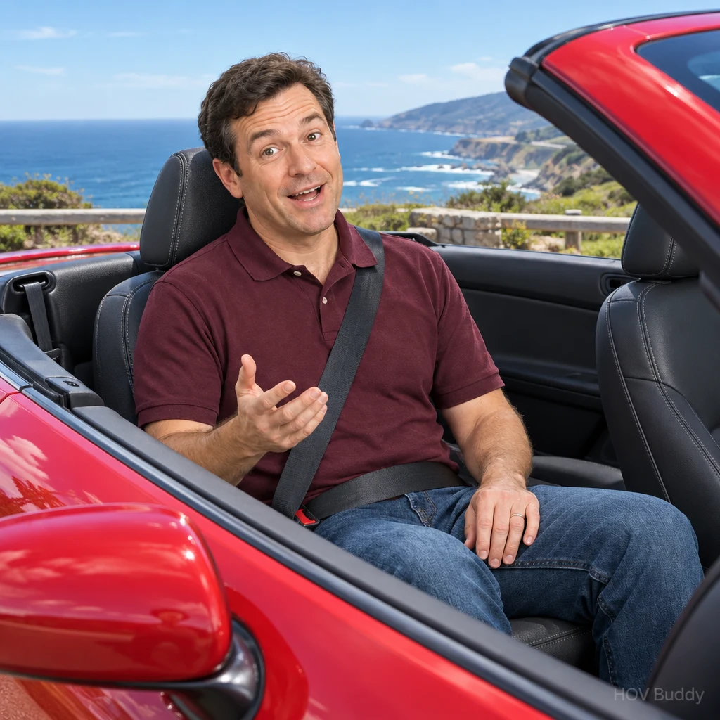 Conversational Dave rides shotgun in a red convertible at a coastal overlook