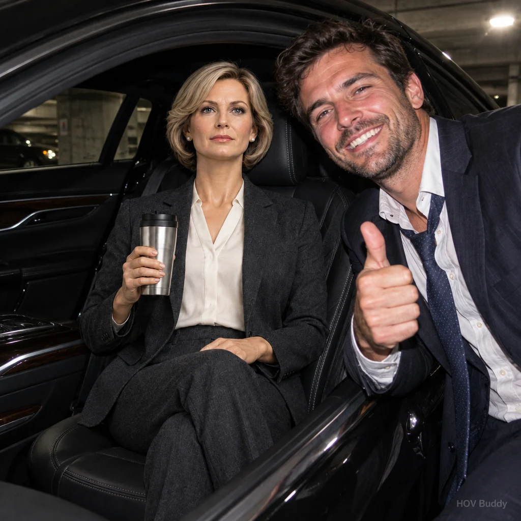 A man in a suit gives a thumbs up beside Executive Eleanor in a parking garage