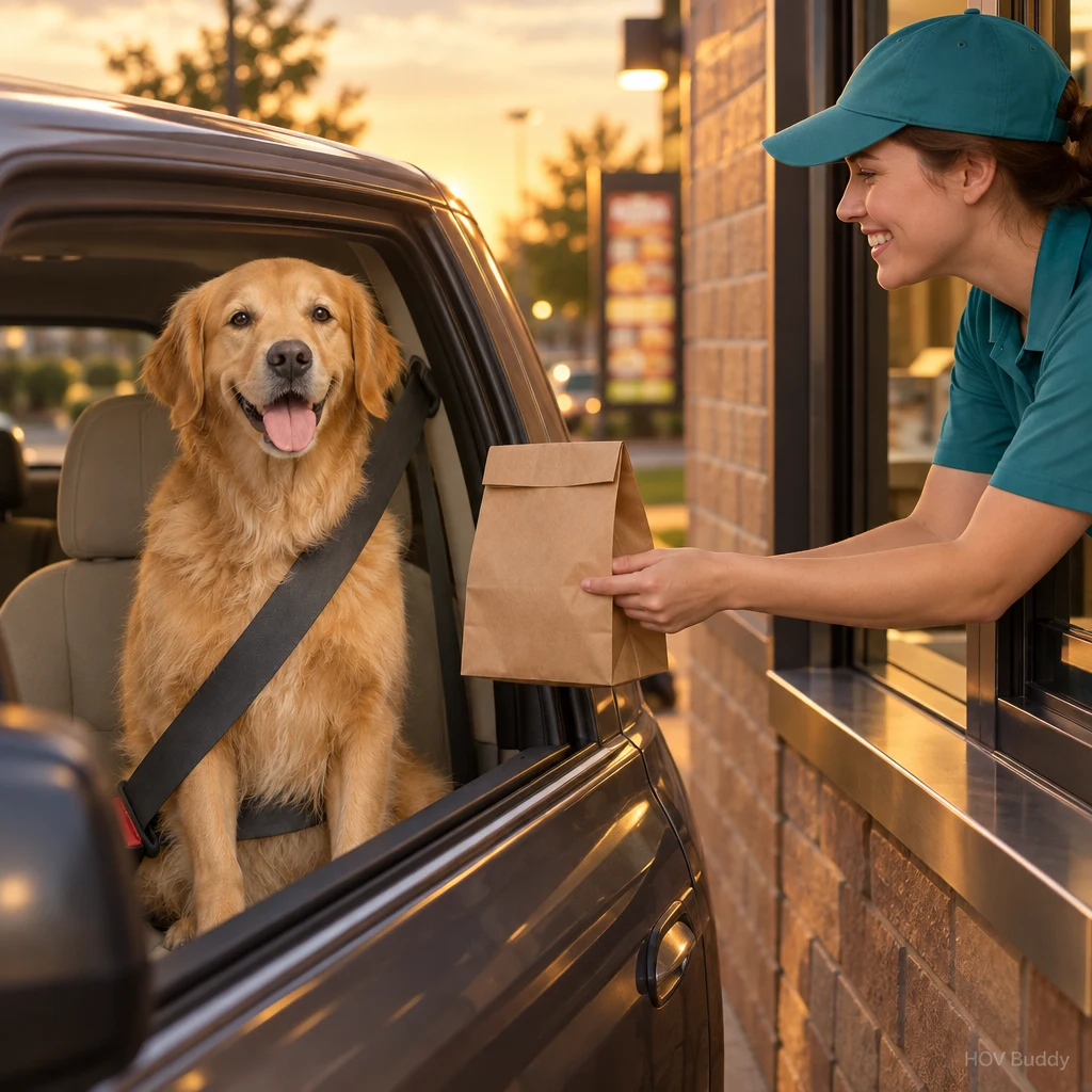 Golden Retriever Denise belted in at a drive-through window
