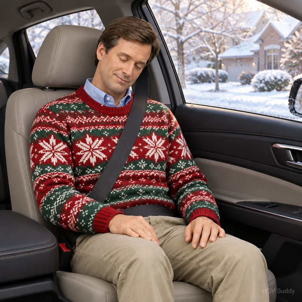 Nodding Greg wearing a holiday sweater on a snowy street