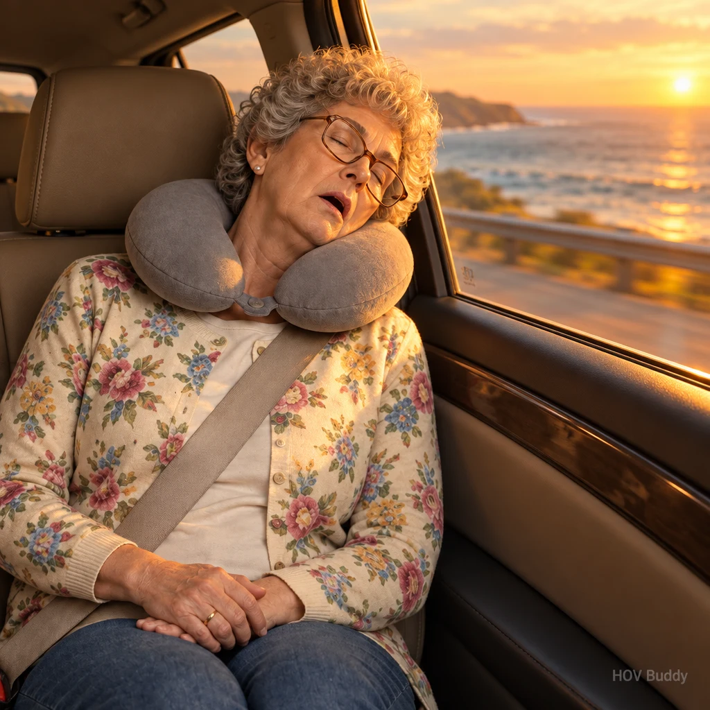 Sleeping Aunt Carol asleep against the window at sunset on a coastal highway