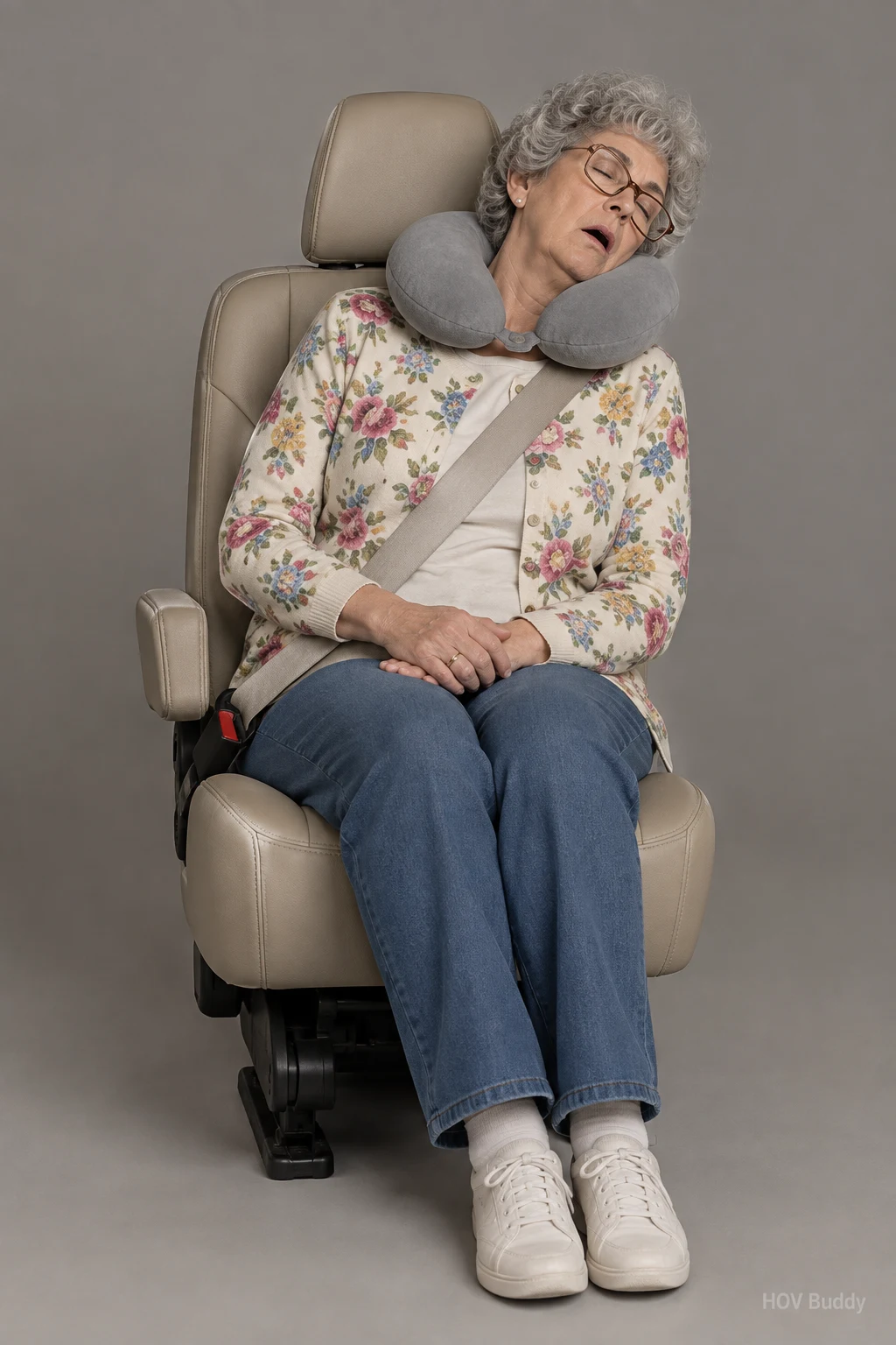 Sleeping Aunt Carol, a mannequin passenger asleep on a travel pillow