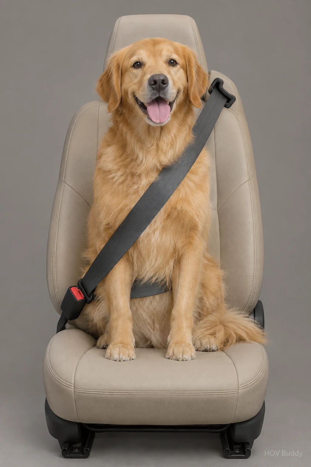 Golden Retriever Denise, a realistic dog figure wearing a seat belt