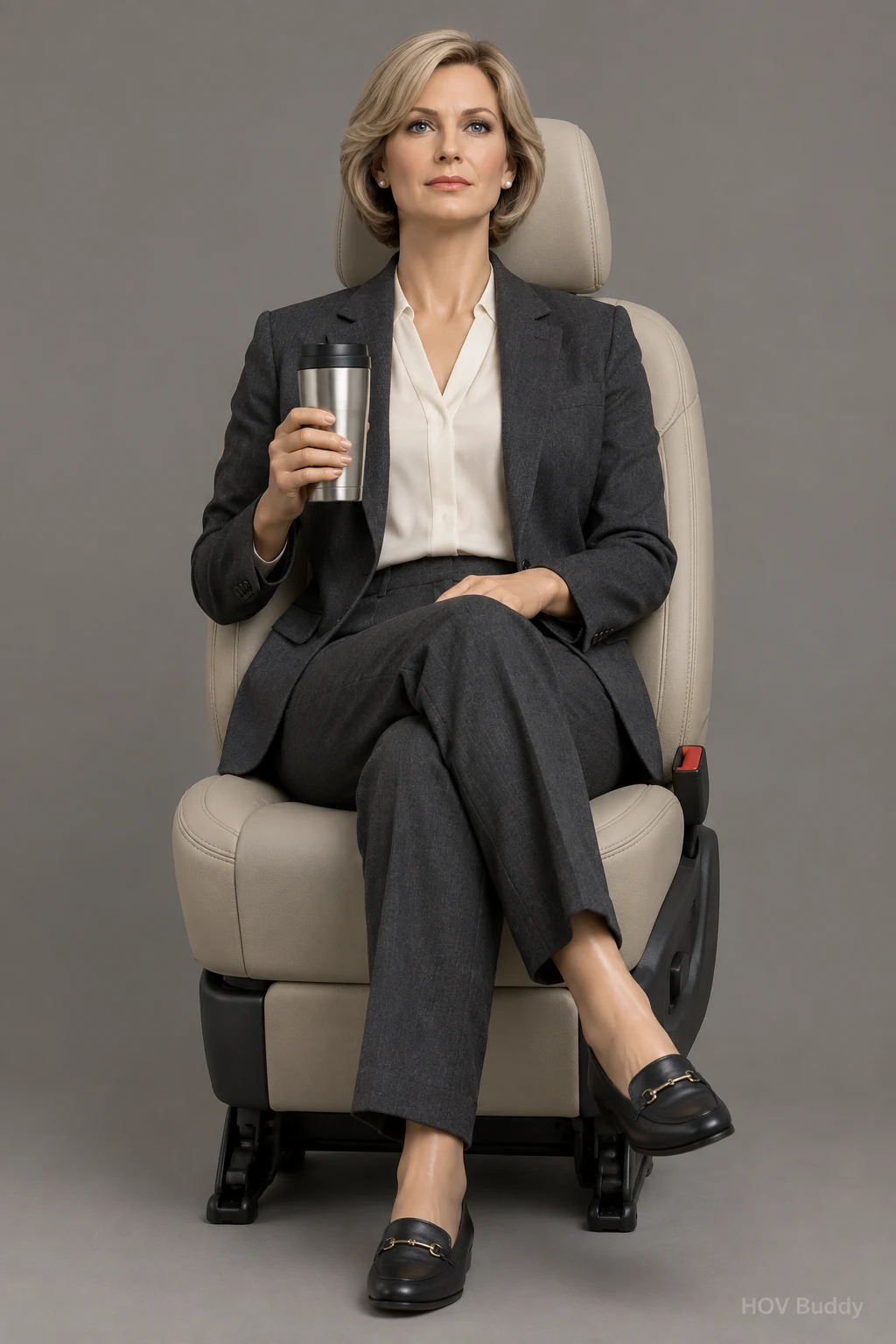 Executive Eleanor, a poised mannequin passenger in a blazer holding a coffee tumbler