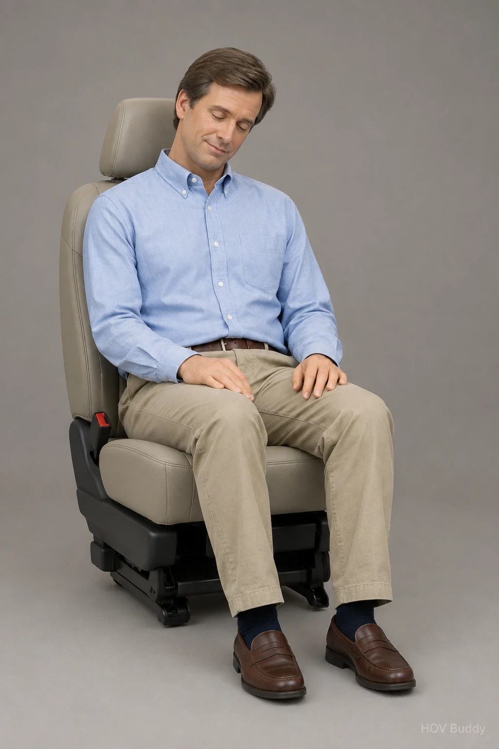 Nodding Greg, a business casual mannequin passenger mid-nod