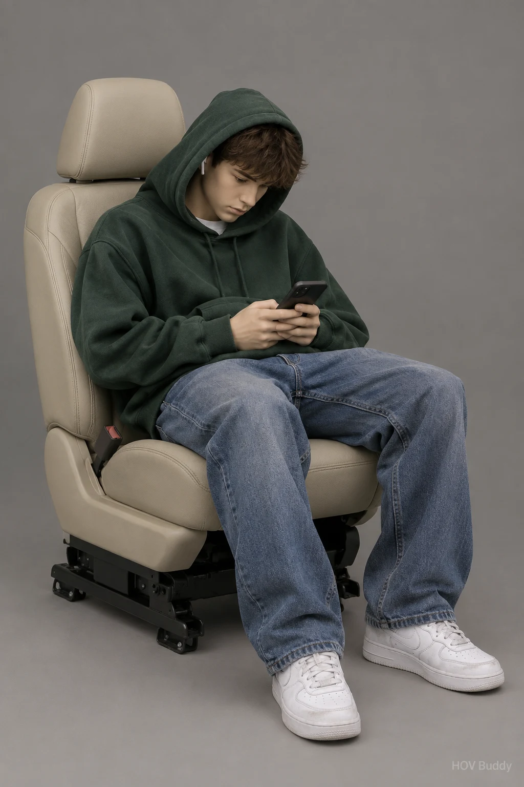 Teen Tyler, a hooded mannequin passenger staring at a phone