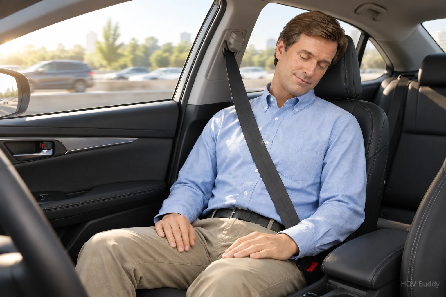 Nodding Greg riding in the passenger seat during a morning freeway commute