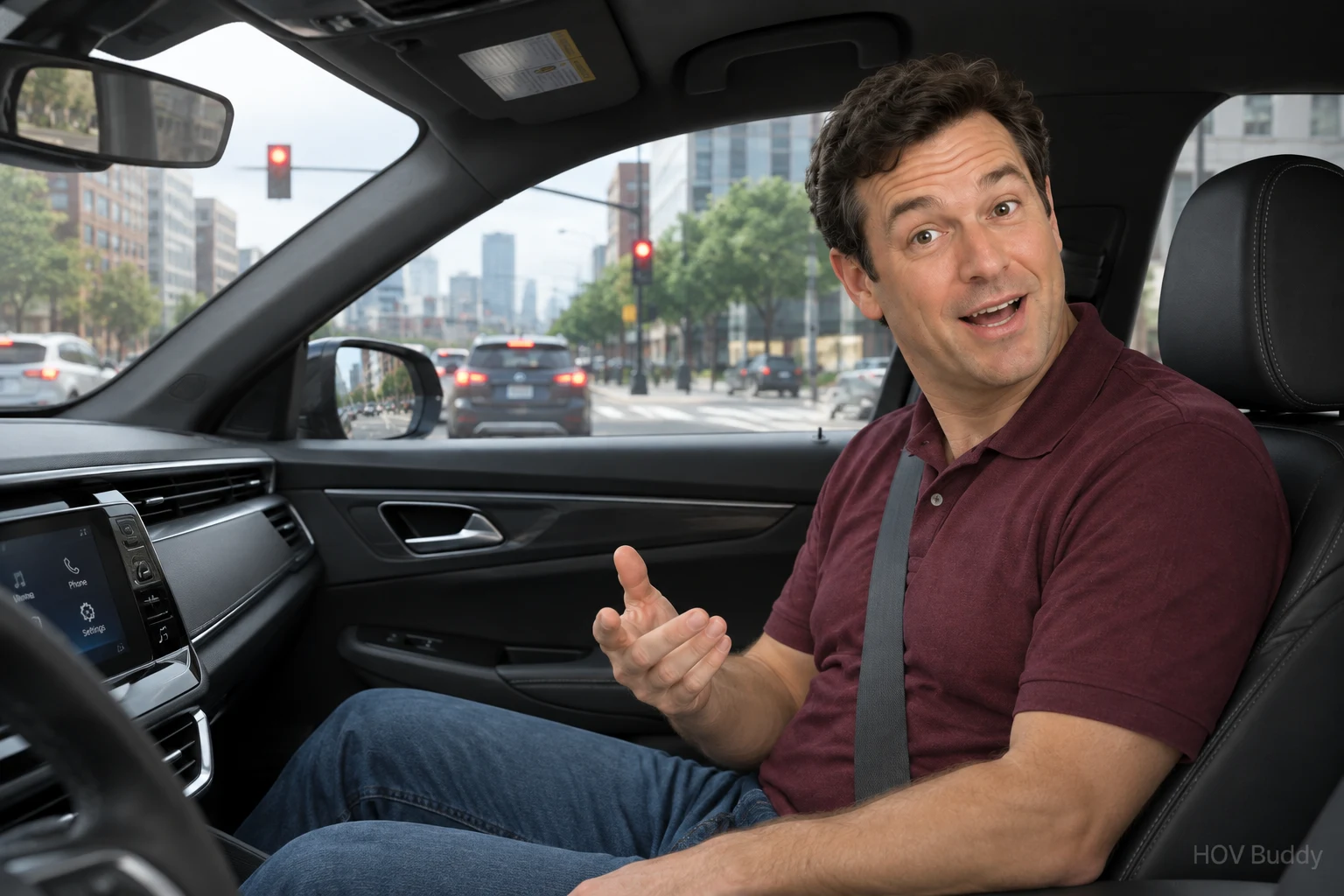Conversational Dave turning toward the driver at a red light