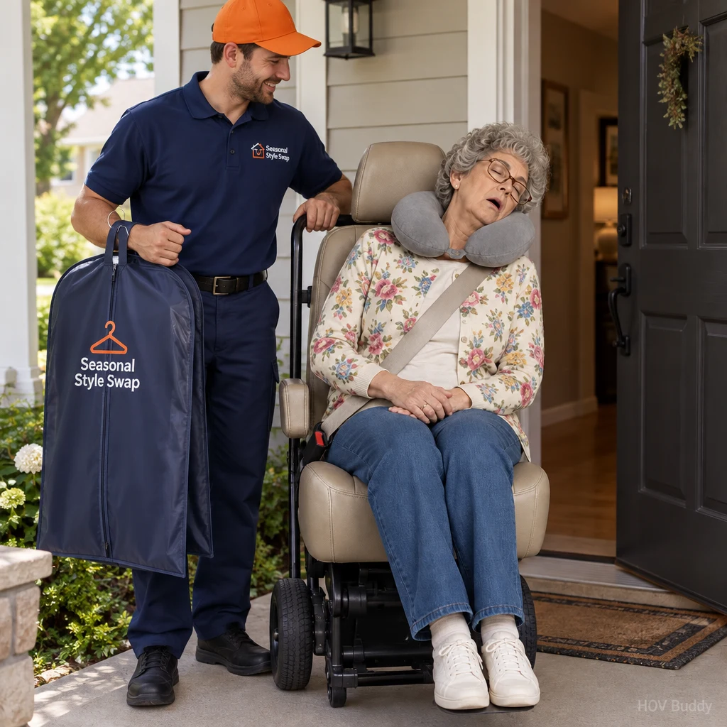 A delivery technician bringing Sleeping Aunt Carol to a front porch with a garment bag
