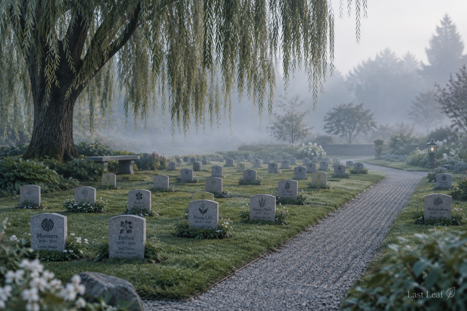 The Last Leaf memorial garden, rows of small headstones beneath a willow