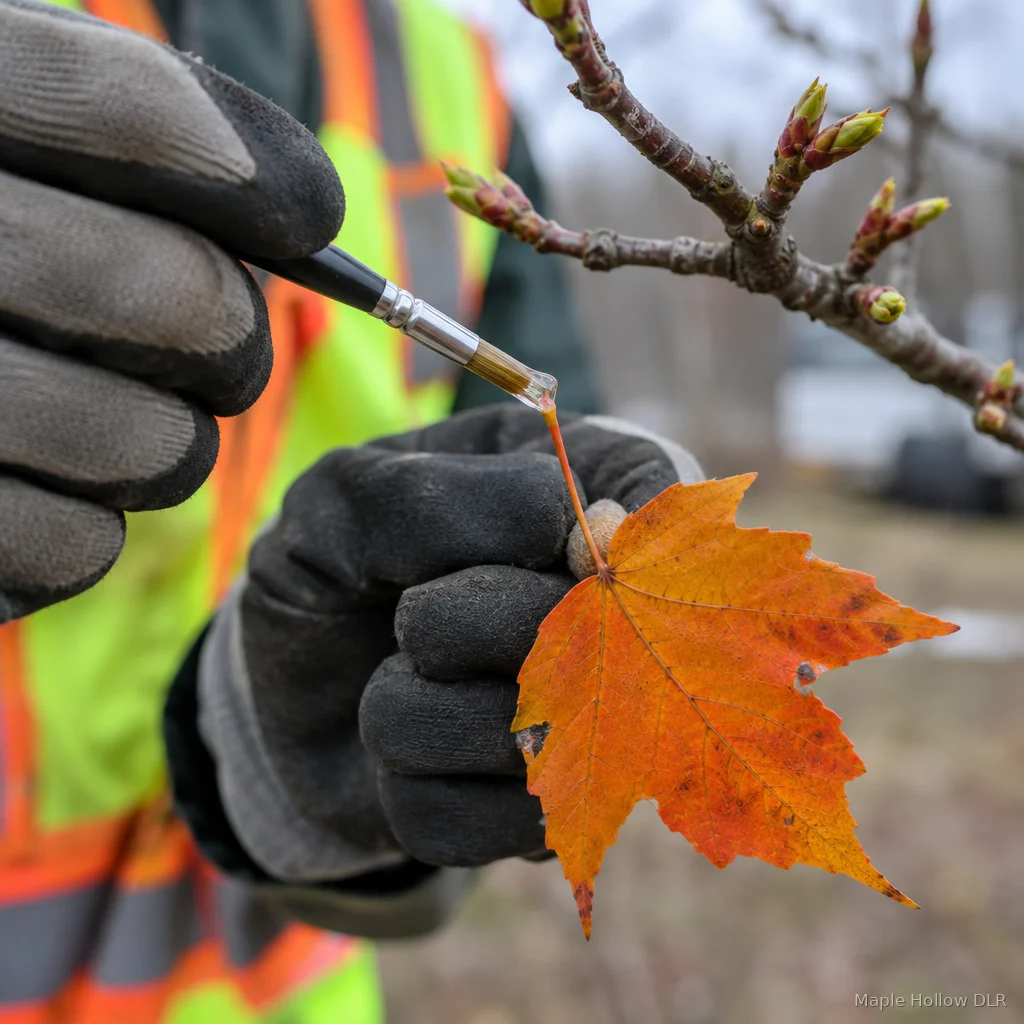 A gloved technician applying Town Specification TA-6 adhesive to a single maple leaf stem