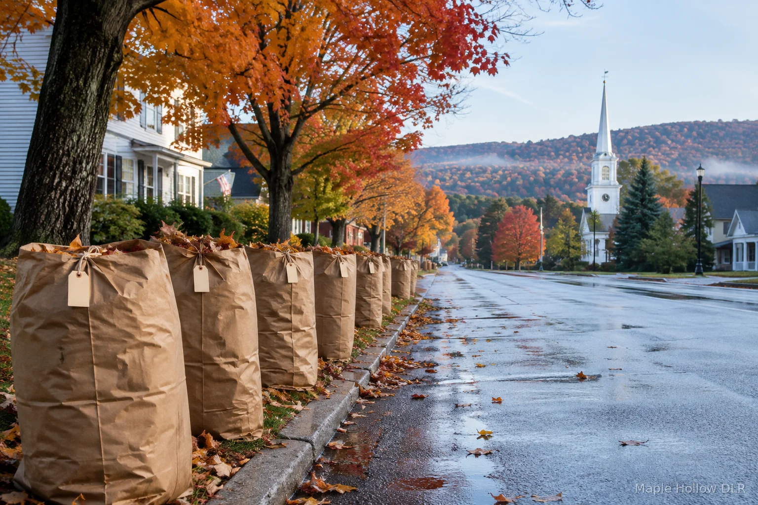 Labeled paper leaf bags at the curb on a Maple Hollow street in autumn