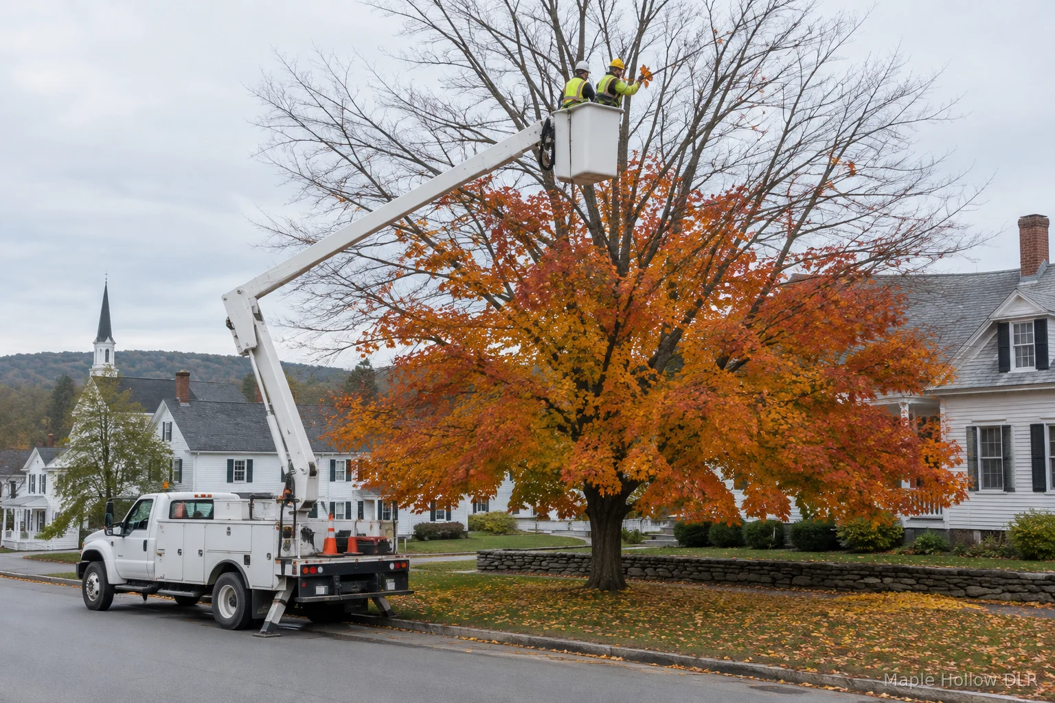 A Department bucket truck crew reattaching leaves to a maple in spring