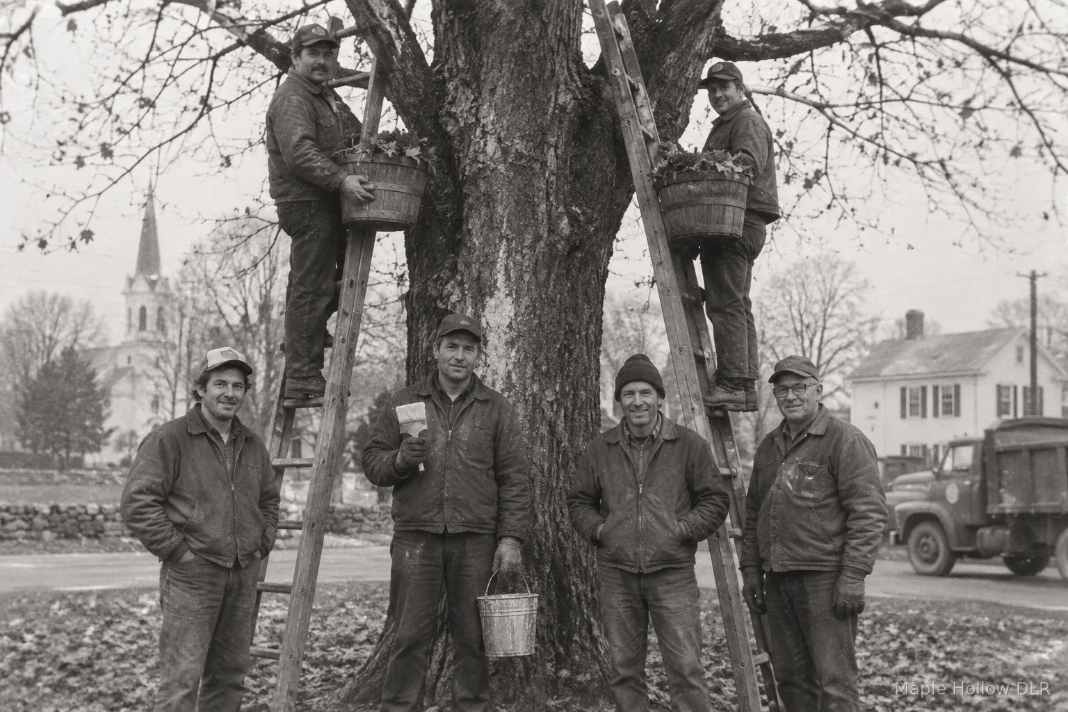 The original reattachment crew with wooden ladders, 1971