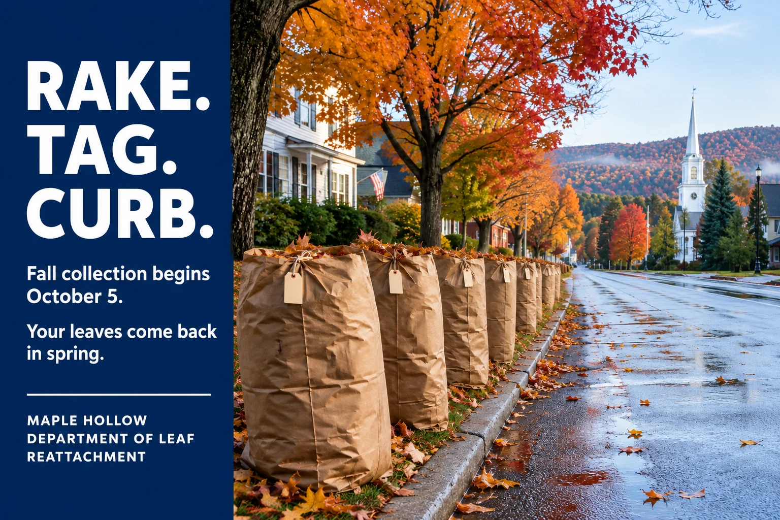 Landscape outreach poster: curbside collection bags and the fall schedule reminder