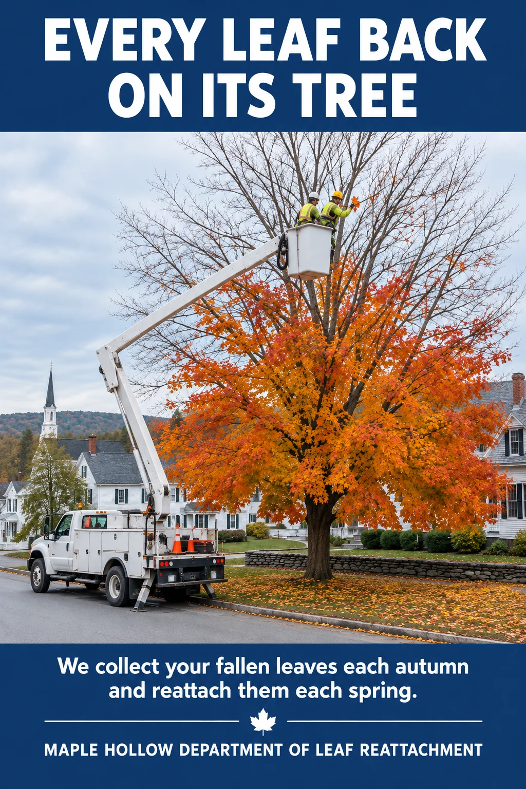 Portrait outreach poster: a Department crew reattaching leaves, with the campaign tagline