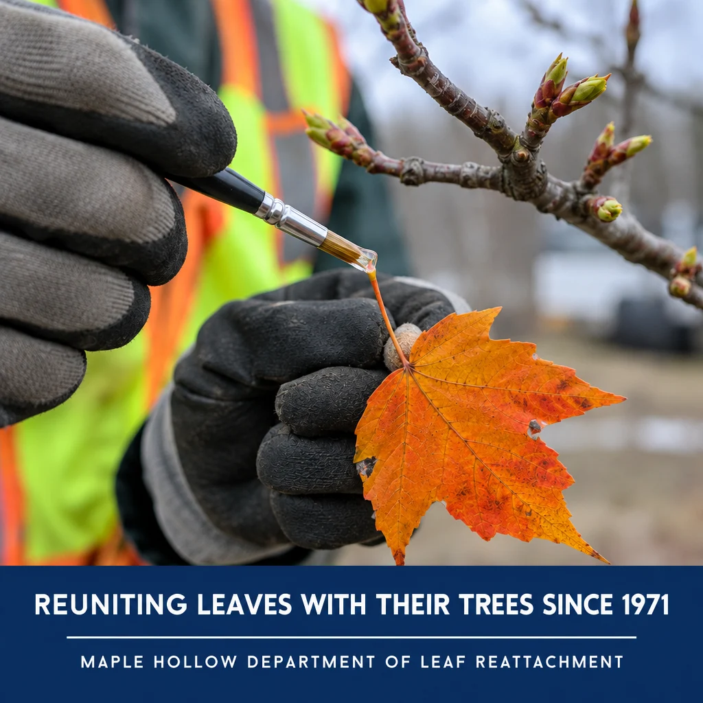 Square outreach poster: a single leaf being reattached, with the Department seal